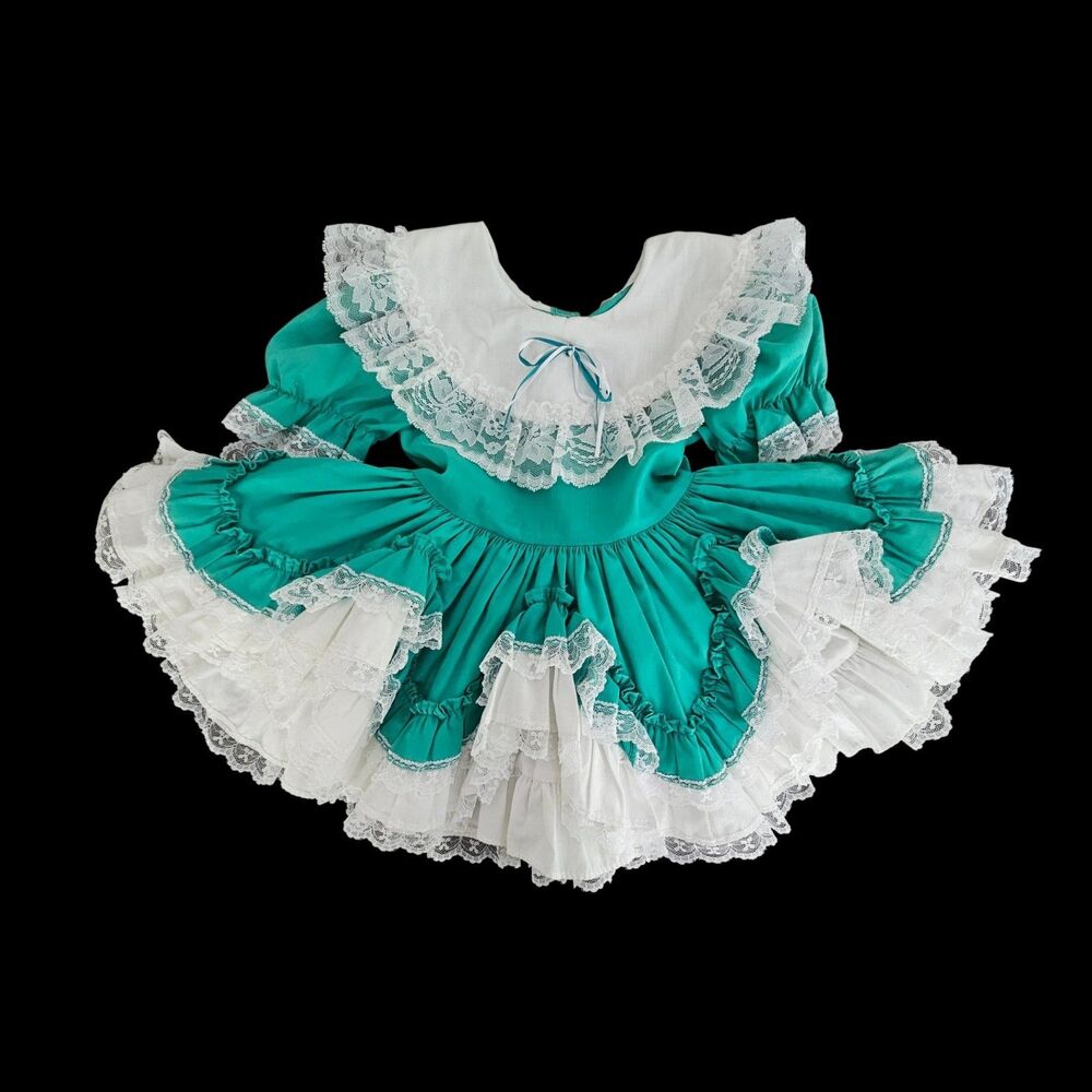 Vintage 1994 Lid'l Dollys Floral Full Circle Lace Dress Size 4T Green Pageant